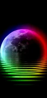 Colorful moon reflecting on water with vibrant colors and ripples.