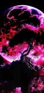 Vibrant lunar scene with glowing pink hues and tree silhouette.