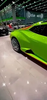 Neon green luxury car in a modern showroom with sparkling lights.