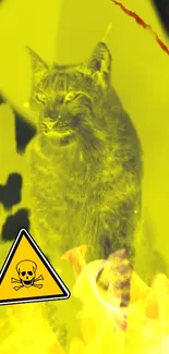 Vivid lynx wallpaper with caution sign and yellow background.