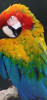 Vibrant parrot with multicolored feathers resting on a branch.