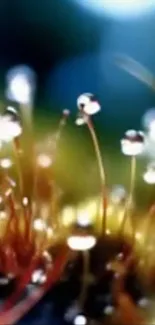 Macro image of dewdrops on vibrant plant stems, capturing nature's beauty.