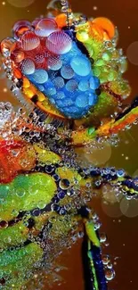 Colorful macro insect with dew-covered wings.