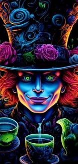 Vibrant Mad Hatter artwork with colorful and surreal elements.