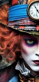 Mad Hatter with vibrant orange curls and a striking timepiece-adorned hat.