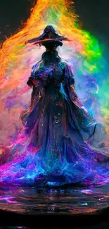 Mystical figure with vibrant, colorful aura background.