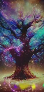 Vibrant magical tree art with colorful fantasy hues and lights.