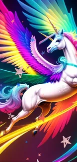 Colorful unicorn with rainbow wings on a dark background.