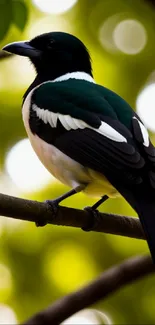 Magpie perched on a branch with a soothing green background.