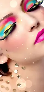 Vibrant makeup art with bold colors and creative design on mobile phone wallpaper.