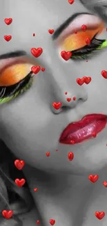 Bold and colorful makeup art featuring vibrant eye shadow and red lipstick.