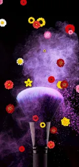 Makeup brush with vibrant purple powder explosion on black background.