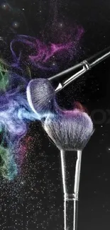 Colorful powder bursts from makeup brushes on black background.