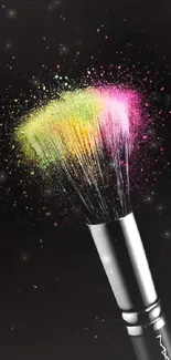 Makeup brush with vibrant color explosion on black background.