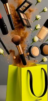 A vibrant explosion of makeup tools and flowers from a yellow bag.