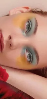 Close-up of a model with colorful, vibrant makeup.