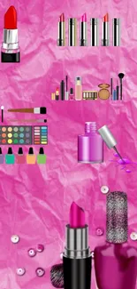 Vibrant pink wallpaper with makeup items, including lipstick.