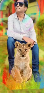 Man with sunglasses and lion cub in colorful, vibrant setting.