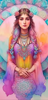 Bohemian styled woman surrounded by colorful mandala patterns.