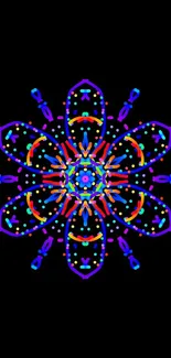 Colorful neon mandala on black background.