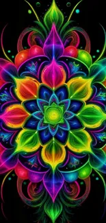 Vibrant neon mandala art wallpaper with colorful intricate patterns.