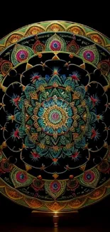 Intricate and colorful mandala art on a dark background.