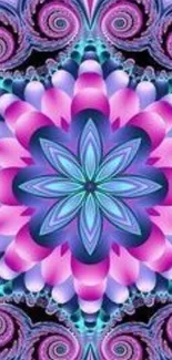 Vibrant abstract mandala wallpaper with pink, purple, and blue fractal design.