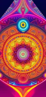 Vibrant mandala art with geometric, colorful patterns in shades of purple and yellow.