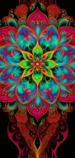 Vibrant mandala art wallpaper with bold, colorful patterns on a black background.