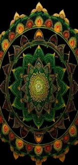 Vibrant green mandala art with intricate patterns against a dark background.