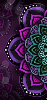 Vibrant neon mandala art with purple hues on a dark background.