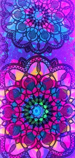 Colorful mandala art wallpaper with vibrant purple, pink, and blue patterns.