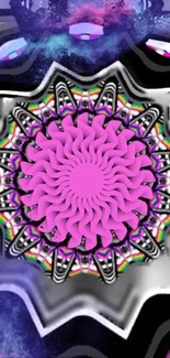 Vibrant mandala wallpaper with pink center and colorful details.