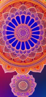 Vibrant mandala wallpaper with intricate patterns in orange, blue, and red hues.