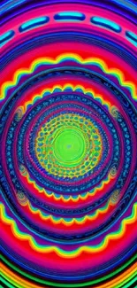 Vibrant psychedelic mandala art wallpaper with colorful circular patterns.