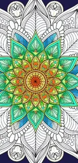 Colorful mandala wallpaper with green, blue, and orange patterns.