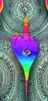 Colorful mandala wallpaper with a rainbow hand and eye design.