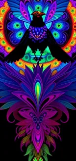 Vibrant mandala bird wallpaper with colorful and psychedelic patterns.