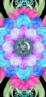 Vibrant mandala with blue and pink petals on black background.