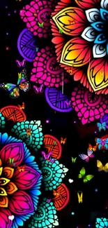 Vibrant mandala wallpaper with colorful butterflies and intricate patterns.