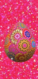 Colorful mandala egg on pink starry background.