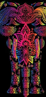 Vibrant mandala elephant artwork with black background.