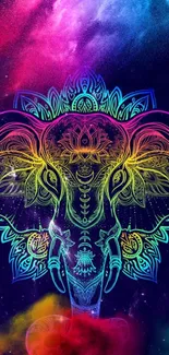 Vibrant mandala elephant in cosmic colors on a mobile wallpaper.