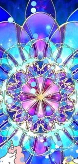 Intricate mandala fantasy art wallpaper with vibrant blues and purples.