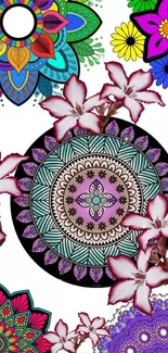 Colorful mandala and floral phone wallpaper with pink flowers.