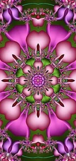 Vibrant mandala floral wallpaper in pink and green hues.