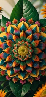 Intricate mandala flower with vibrant colors and leafy background.