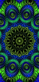 Vibrant fractal mandala with blue and green patterns on mobile wallpaper.