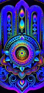 Vibrant neon Hamsa mandala wallpaper design.