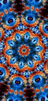 Vibrant blue and orange mandala kaleidoscope wallpaper with intricate patterns.